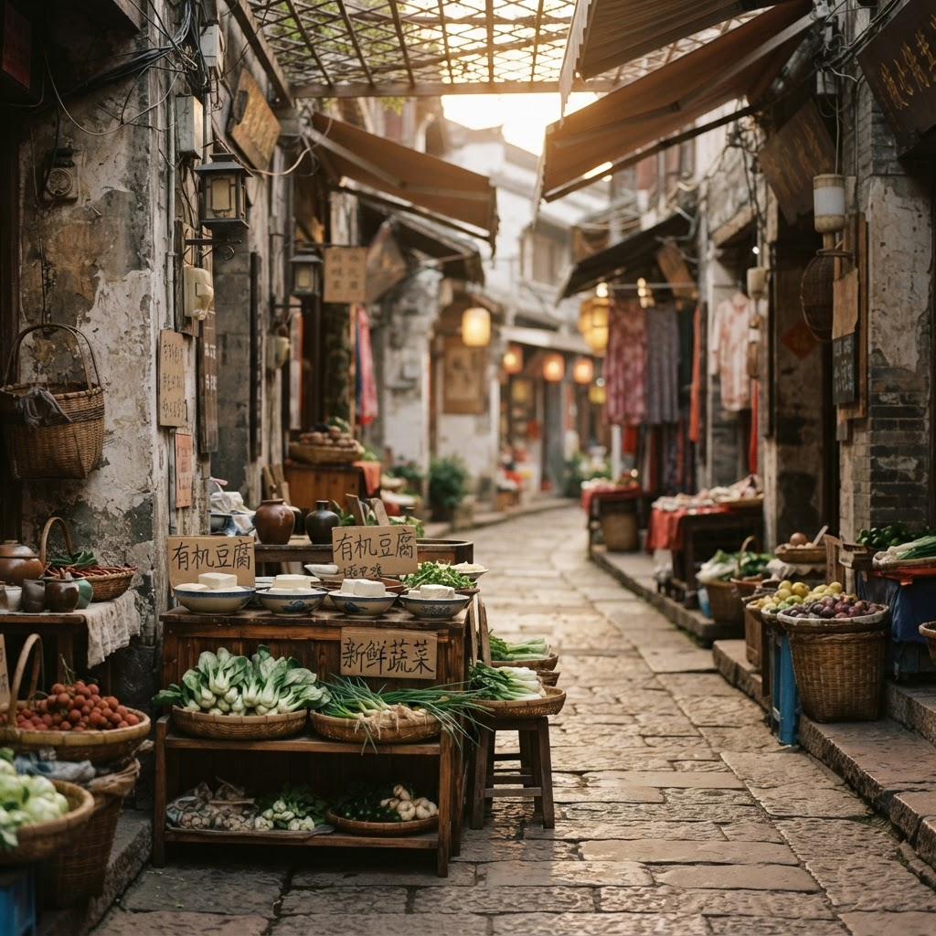 Warm Chinese market alley with fresh vegetables and local produce