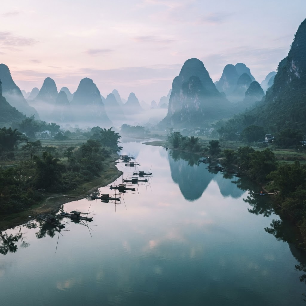 Misty karst mountains reflected in a still river in Guilin, China at dawn