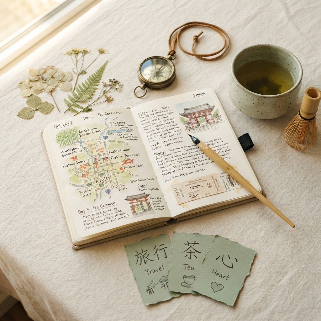 Travel journal with handwritten notes, maps, and tea on a linen surface