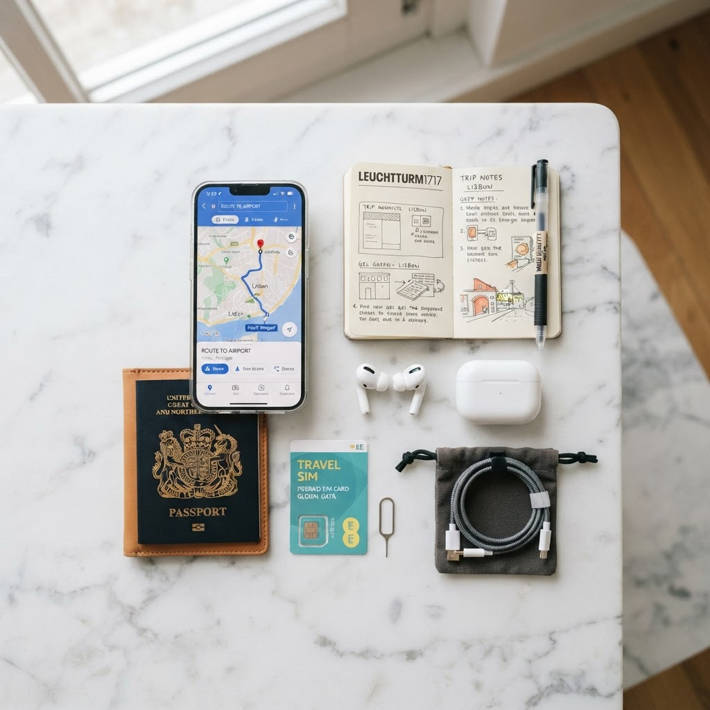 Smartphone with travel apps and travel essentials on a marble surface