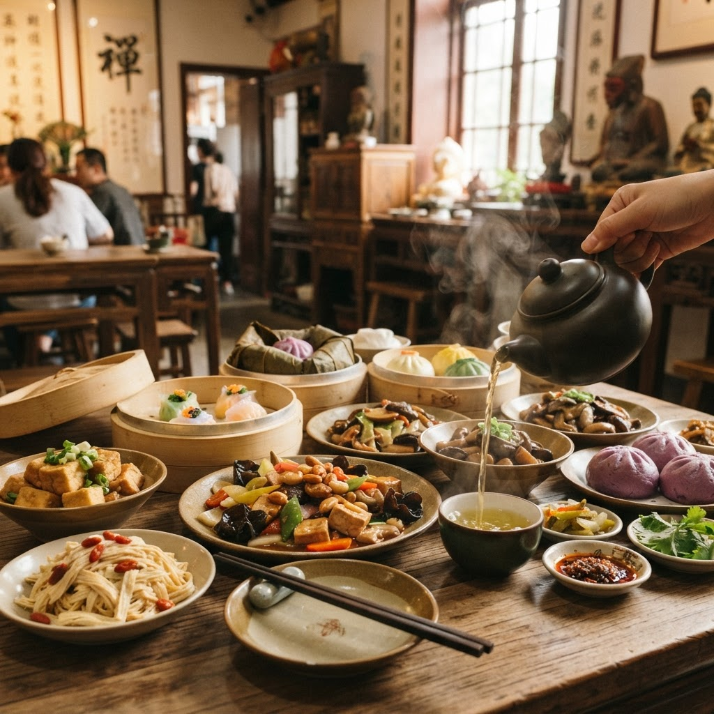 Chinese Buddhist vegetarian feast with dim sum, steamed buns, and mushroom dishes