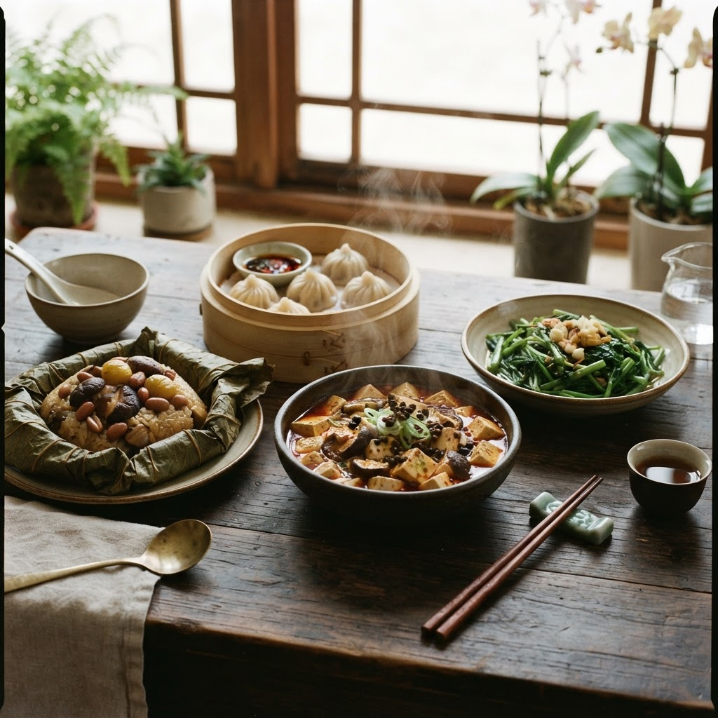 Traditional Chinese plant-based dishes arranged beautifully on a wooden table