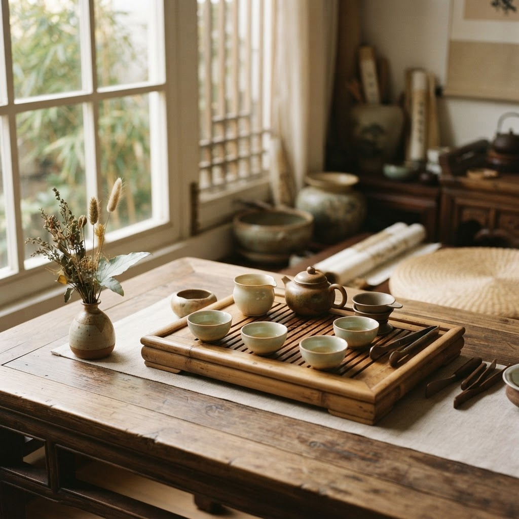 An elegant Chinese tea ceremony setting — gongfu tea set on a wooden table with warm natural light